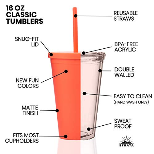 Tumblers (12 pack) 16oz Colored Acrylic Cups with Lids and Straws