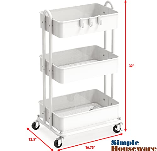 SimpleHouseware Heavy Duty 3-Tier Metal Utility Rolling Cart, White
