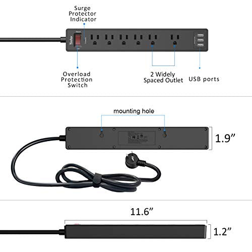 6 Ft Power Strip Surge Protector with 3 USB Ports