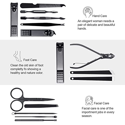 FIXBODY Manicure Pedicure Set - Nail Clippers Toenail Clippers Kit Includes Cuticle Remover with Black Leather Travel Case, Gift for Men and Women, Father's Day Gift
