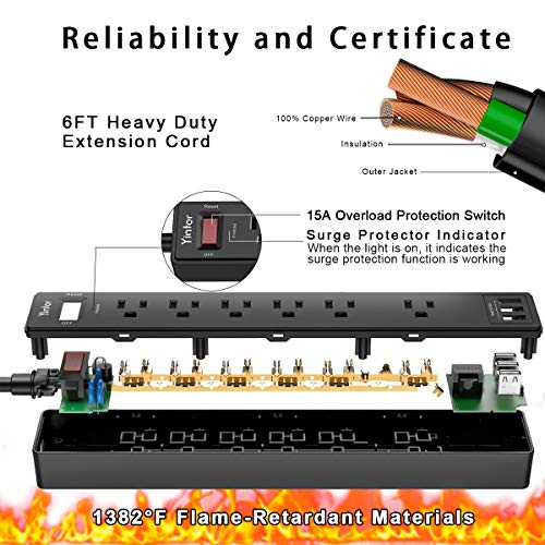 6 Ft Power Strip Surge Protector with 3 USB Ports